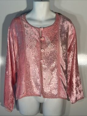 April Cornell SL Pink Velvet Embroidered Top Jacket Cottage Coquette Vintage 80s